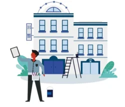 Illustration d’un hôtel en gestion avec un professionnel réalisant l’entretien – Terres de France