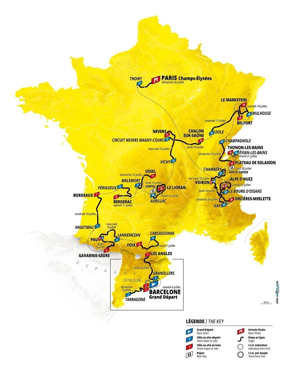 Carte du parcours du Tour de France 2026